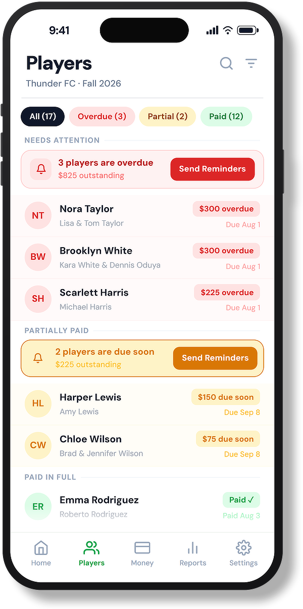 Cleatbook app showing payment status for a youth sports team roster