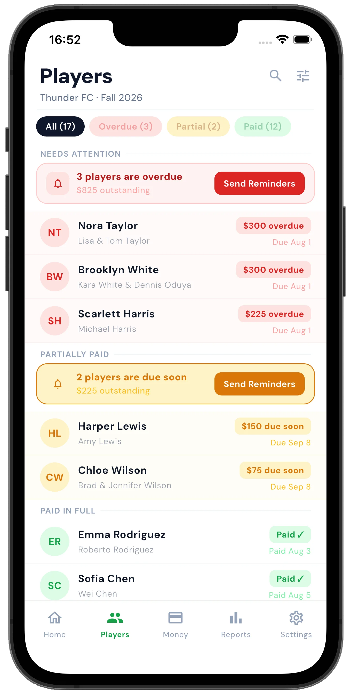 Cleatbook app showing payment status for a youth sports team roster